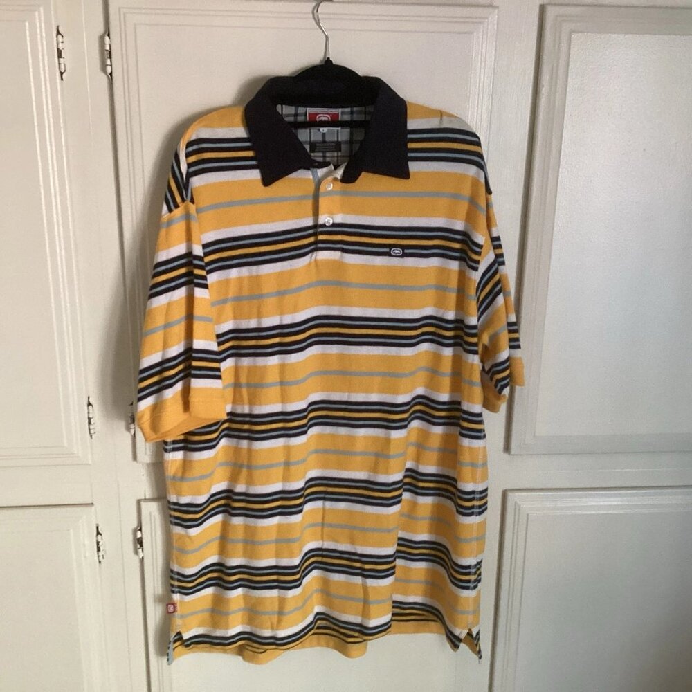 ECKO UNLIMITED Polo Knit Y2K Navy Gold Stripe “The Foundry” Men’s Large